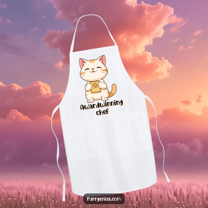 Funny Apron: A proud cat presents a tiny award, bringing a humorous sense of achievement and celebration to kitchen tasks.