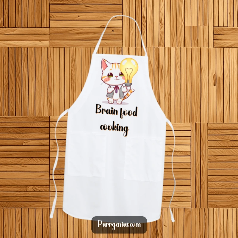 Funny Cat Lightbulb Apron: Scholarly cat holding a glowing lightbulb, adding humor and inspiration to kitchen attire.