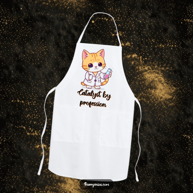 Funny cat scientist wearing a lab coat, ready to cook with a test tube, adding humor to any kitchen apron.
