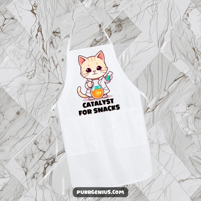 Funny Kawaii cat in a lab coat stirring a colorful beaker, on a chef apron, adding humor to cooking.