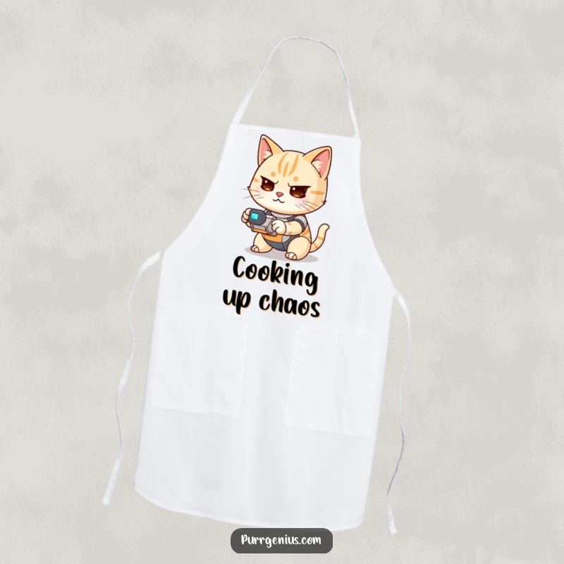 Funny Kawaii cat determinedly operating a small robot, featured on a chef apron, adding humor to cooking and baking.