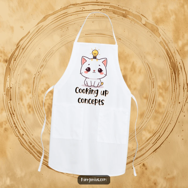Funny apron showing a cute cat character with a lightbulb above its head, ideal for chefs and home cooks who love brainstorming.