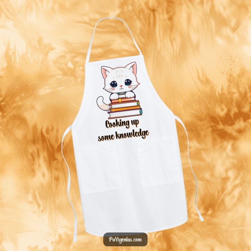 Funny apron showcasing a wise cat character engrossed in advanced books while preparing to cook.