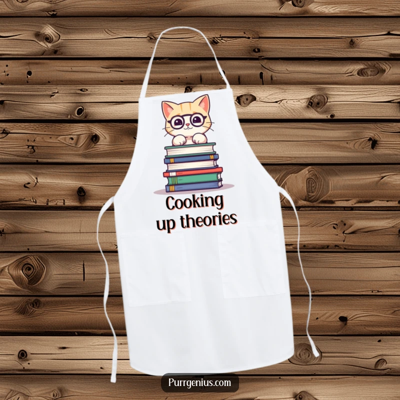 Funny apron showing a cute cat balancing a stack of science books, perfect for a cook who loves humor and knowledge.