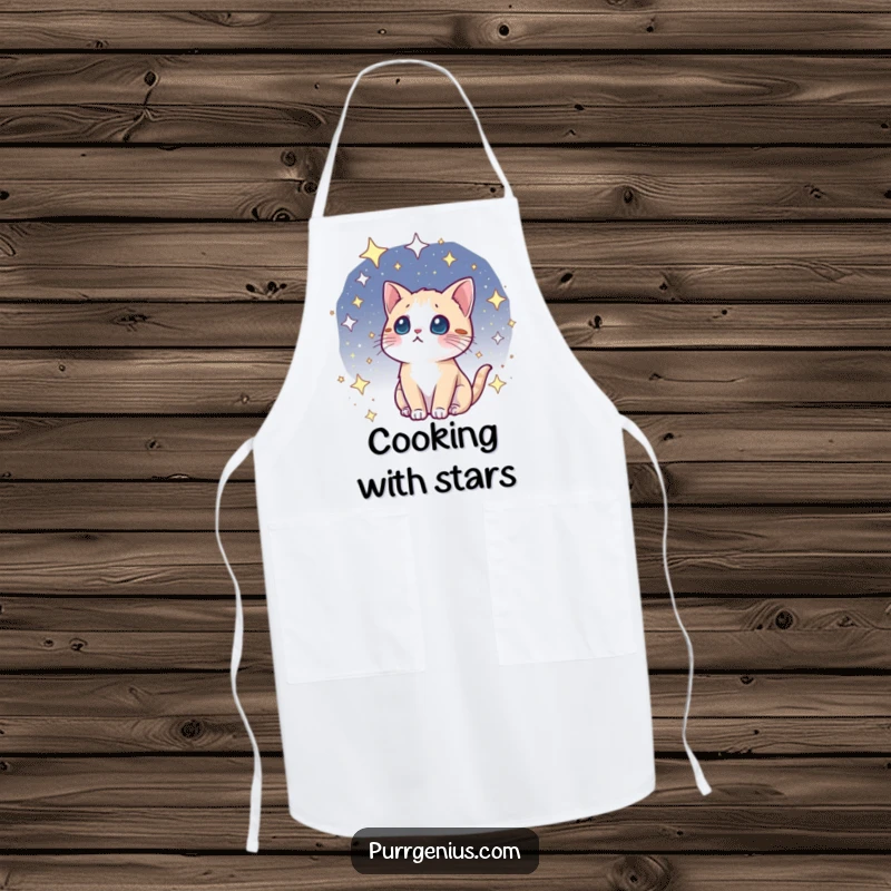 Funny kawaii cosmic cat apron, gazing with wonder at a starry cosmos, perfect for chefs with a love for space and felines.