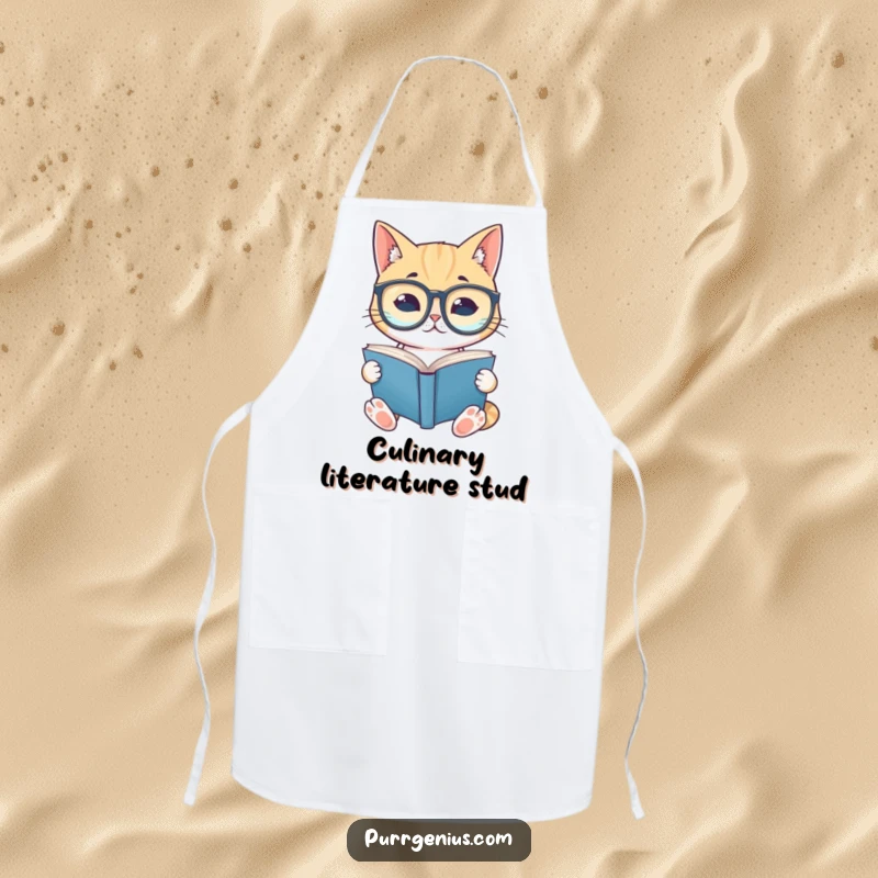 Funny apron depicting a cat wearing reading glasses, absorbed in a book, perfect for chefs who love literature and humor.