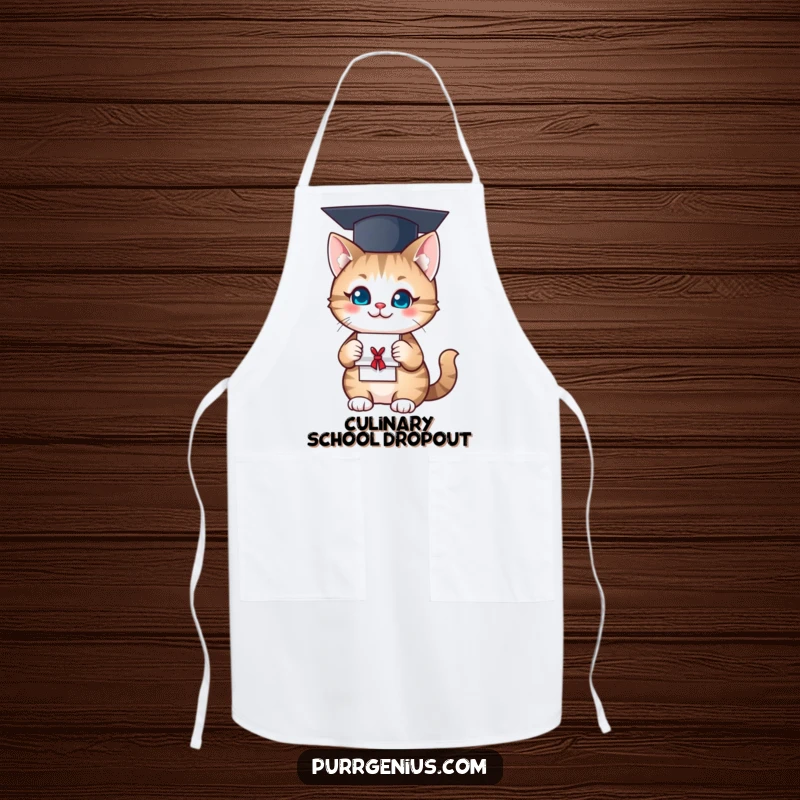 Funny Apron: A smiling cat in a graduation cap examines a recipe, blending culinary arts with academic achievement humor.