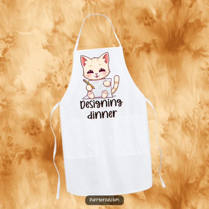 Funny Blueprint Cat Apron, showing a cat happily drawing a blueprint, ideal for cooks and craftspeople.