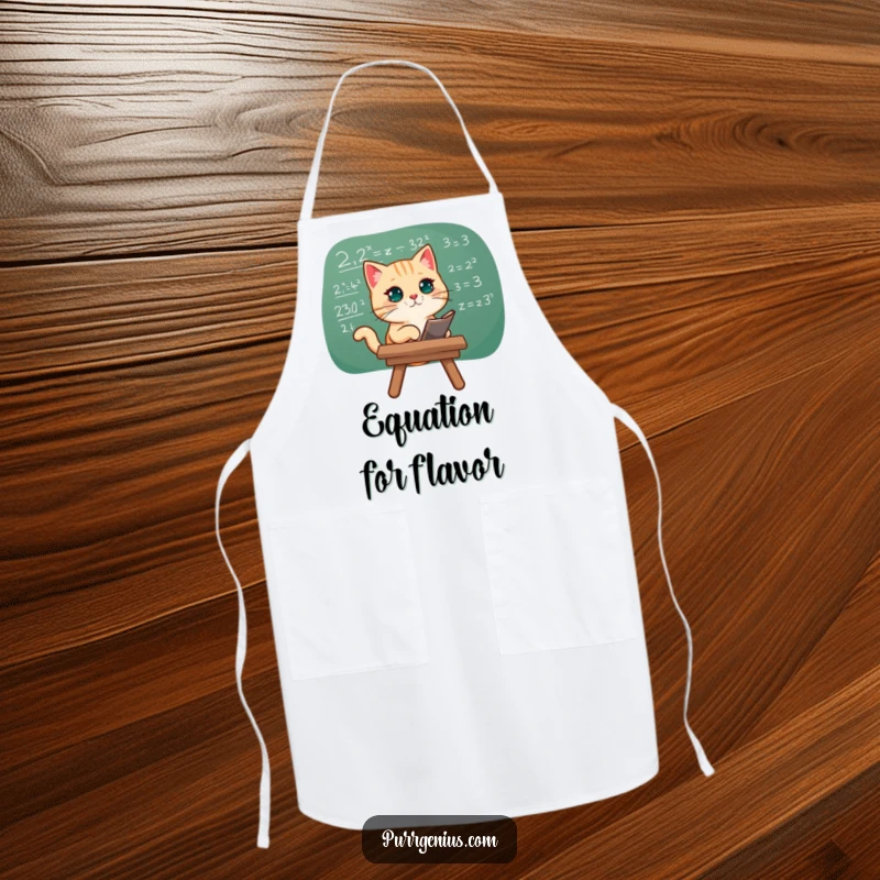 Funny apron featuring a cat studying a complex chalkboard equation, ideal for a smart and humorous cooking experience.