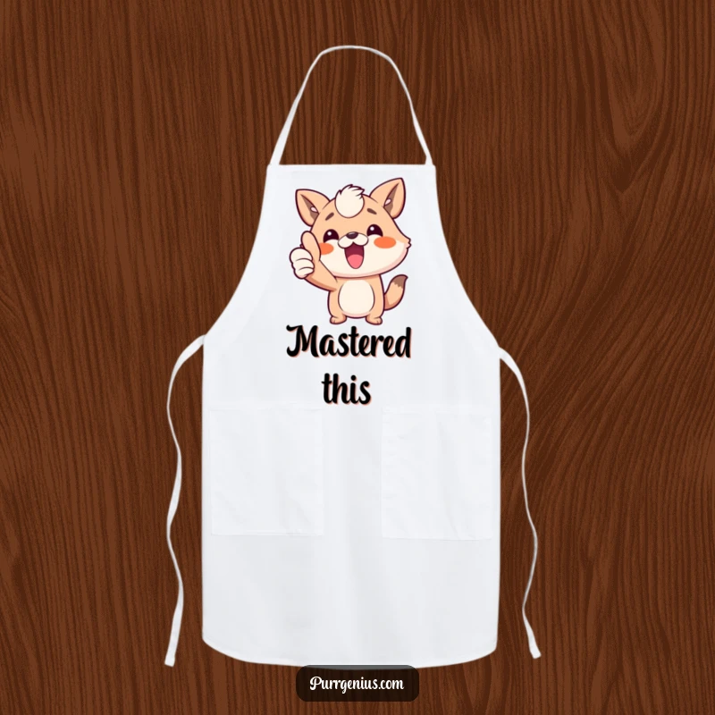 Funny animal character giving a triumphant thumbs up while cooking, looking happy and successful on this practical apron, a great funny kitchen gift.