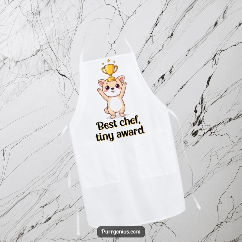 Funny apron graphic of an animal holding a small trophy, ready to cook up a storm.