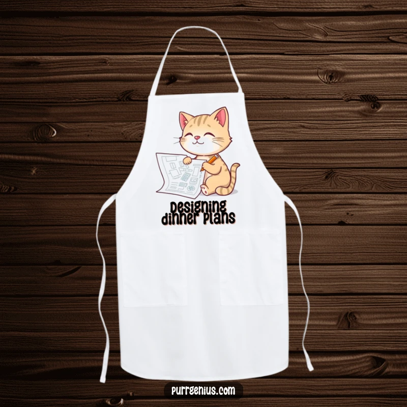 Funny Architect Cat Apron: a cat drawing a detailed blueprint for a meal, a humorous and practical kitchen accessory, a great funny gift.