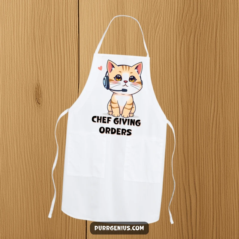 Funny Boss Cat Apron: a cat wearing a headset, giving kitchen instructions confidently, a humorous and practical accessory, a great funny gift.