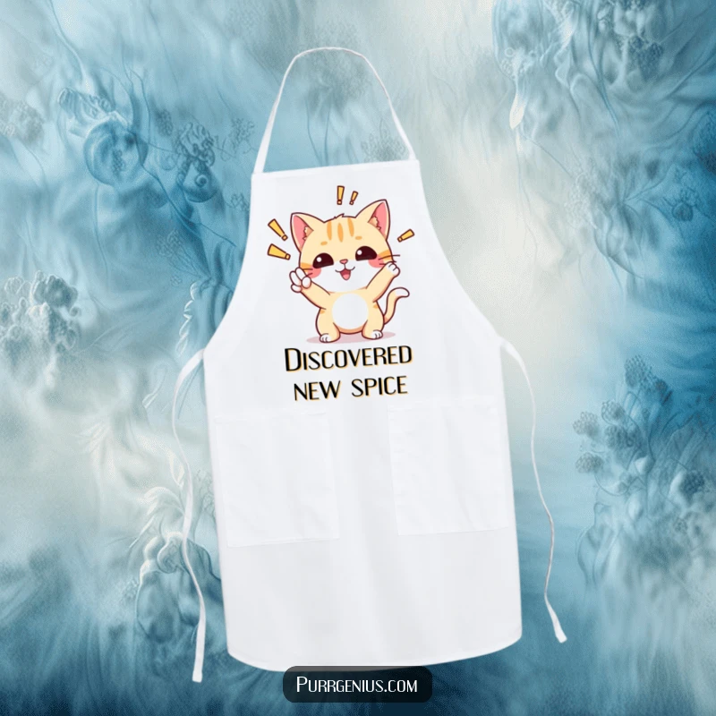 Funny apron with a cute cat striking an 'aha!' pose, ideal for a cook who loves moments of culinary discovery.