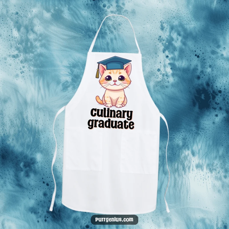 Funny apron featuring a cat wearing a graduation cap, ideal for a smart and humorous cooking experience.