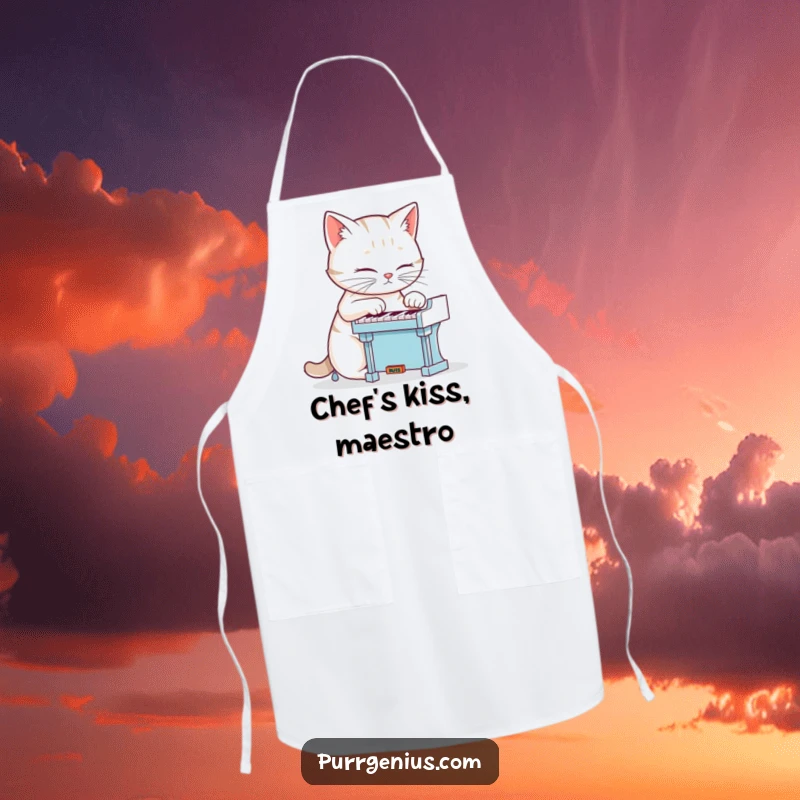 Funny cat intently playing a tiny piano while wearing an apron, a humorous kitchen accessory, great gift.
