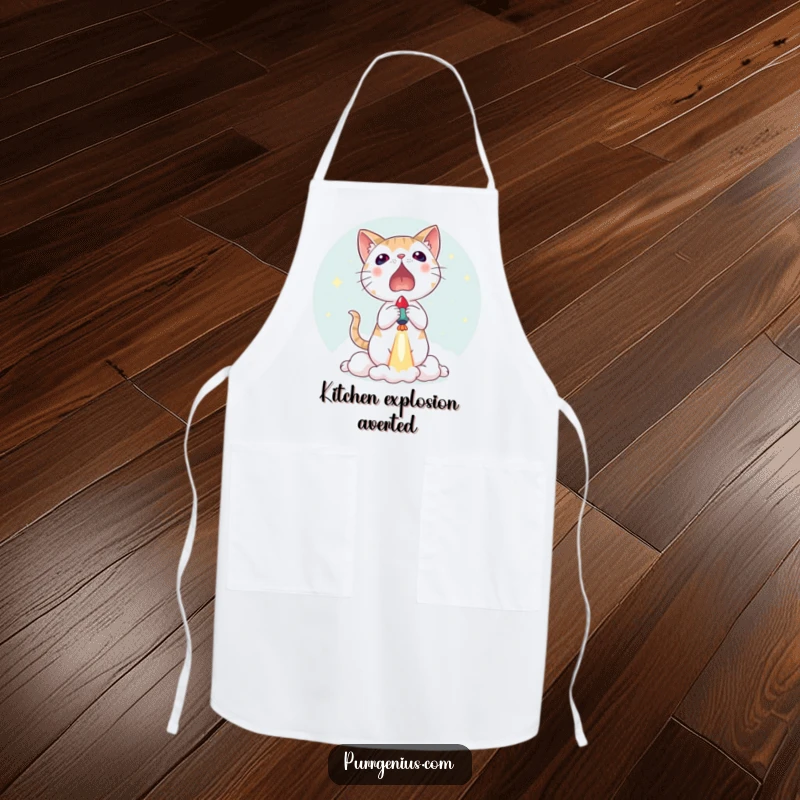 Funny apron featuring a startled cat reacting to a small rocket launch, perfect for cooks who enjoy humor and feline antics.