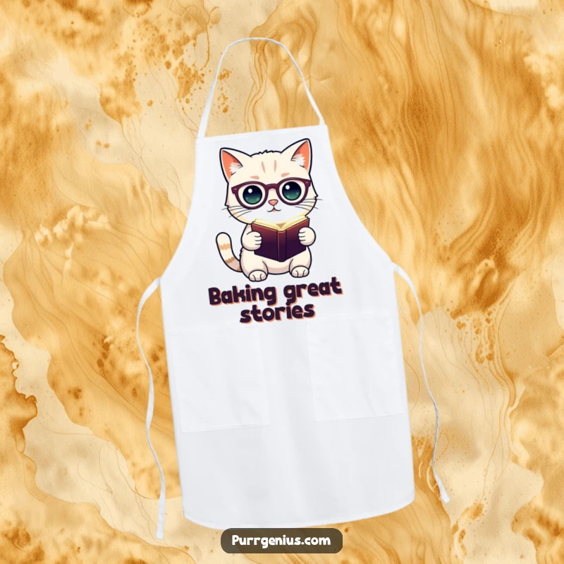 Funny apron featuring a cute cat character in spectacles holding a glowing book, perfect for chefs and kitchen enthusiasts who love cats.