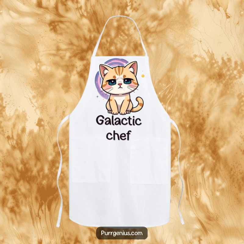 Funny cat with a furrowed brow looking at a swirling galaxy, ready to cook. This apron adds cosmic fun to the kitchen.
