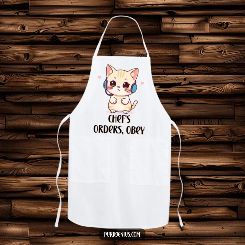 Funny Headset Cat Apron, showing a cat with a headset giving instructions, ideal for kitchen managers and chefs.