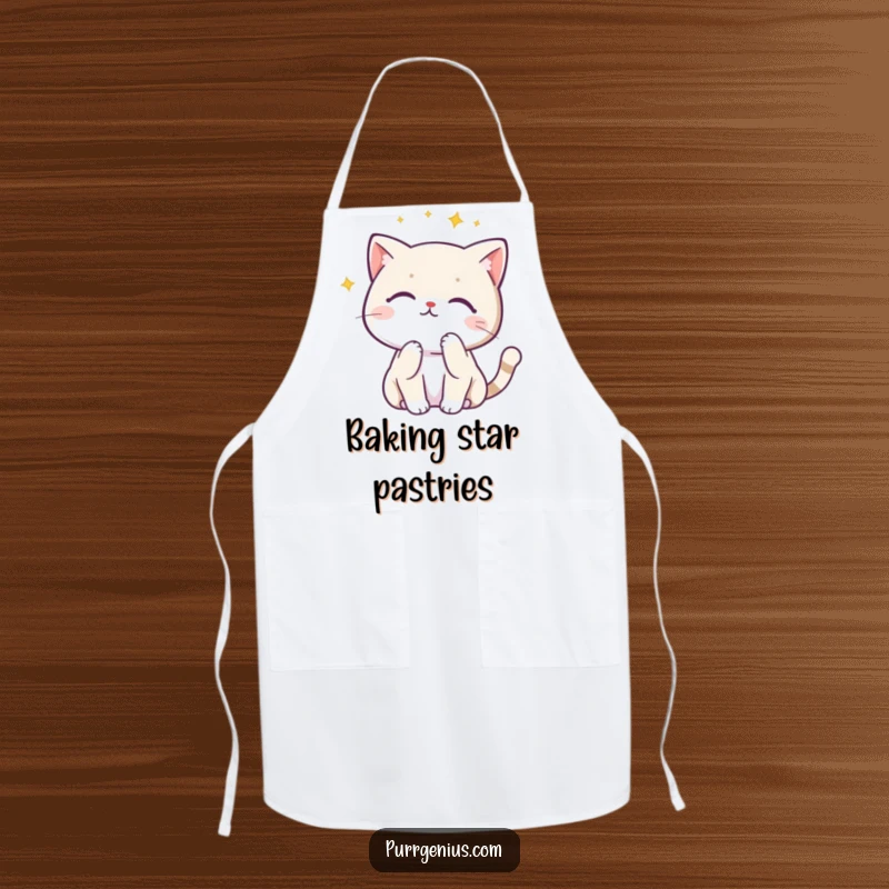 Funny Kawaii cat in a thoughtful pose looking at a constellation, on a chef apron, adding humor to cooking.