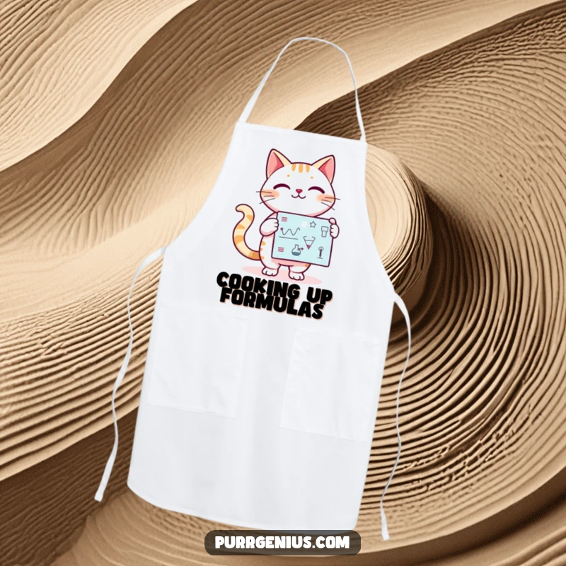 Funny Kawaii cat confidently presenting a scientific diagram, on a chef apron, adding humor to cooking or teaching.