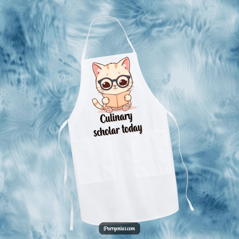Funny kawaii cat in tiny spectacles reading a scroll, featured on a cooking apron, inspiring wise meals.