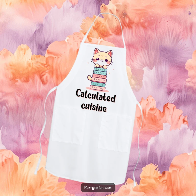 Funny apron featuring a cute kawaii cat character balancing a stack of complex math equations, ready for a challenge.