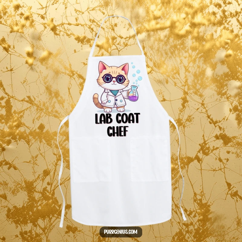 Funny scientist cat in a lab coat, holding a bubbling beaker, ready to cook. This apron adds humor to any kitchen.