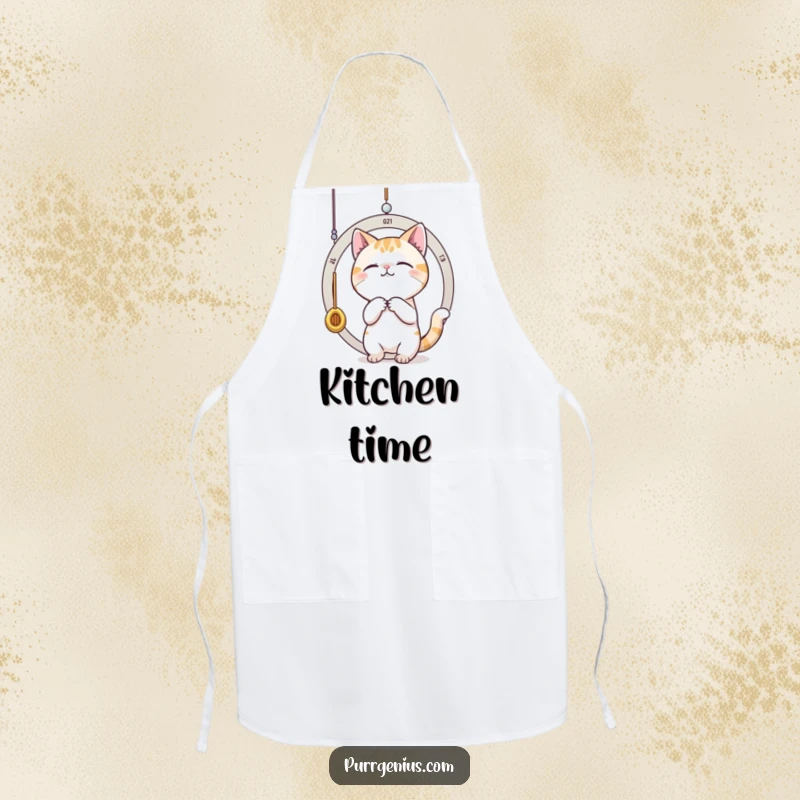 Funny cat batting at a dangling pendulum, symbolizing time. This apron adds playful fun to cooking.
