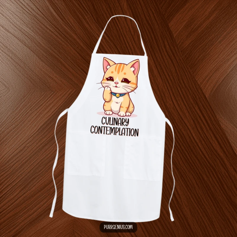 Funny wise cat character stroking a whisker thoughtfully, bringing serene humor to this functional kitchen apron.