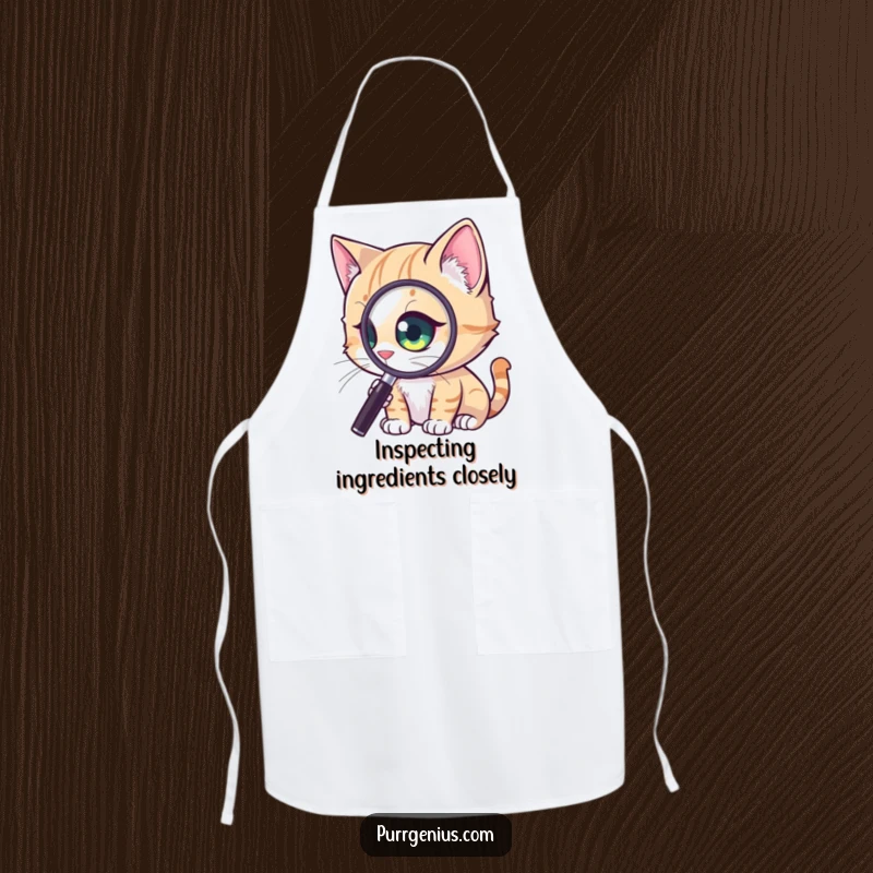 Funny Curious Cat Apron: a cat with a magnified eye, closely observing ingredients, a humorous and practical kitchen accessory, a great funny gift.