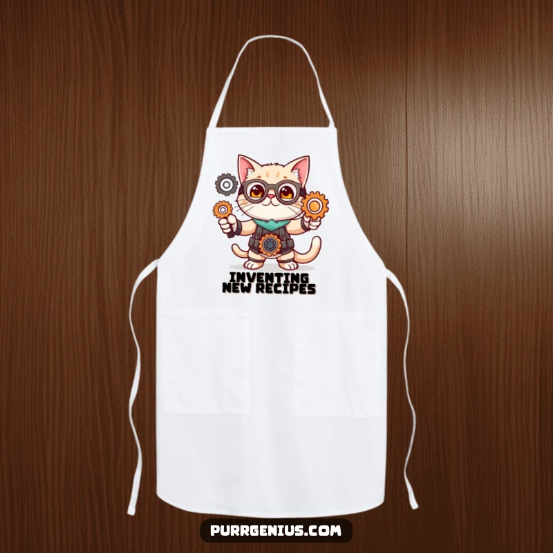 Funny apron showing a cute cat character in an inventor pose with gears, ideal for chefs and home cooks who love creating.