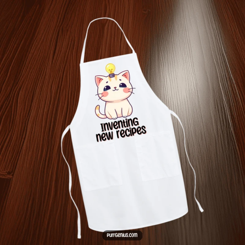 Funny kawaii cat with a glowing lightbulb symbolizing a bright idea, featured on a cooking apron.