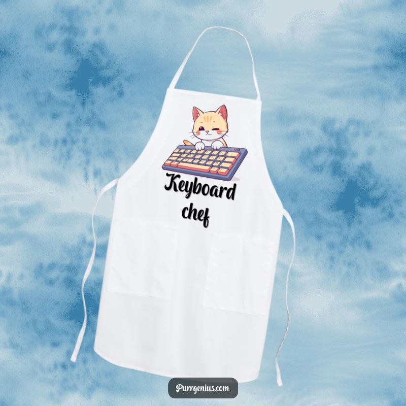 Funny curious cat tapping a massive keyboard, ready to cook. This apron is perfect for kitchen creativity.