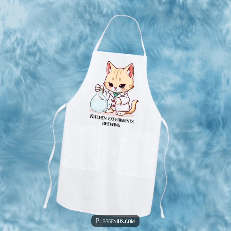 Funny Apron: A cat in a lab coat carefully mixes ingredients, blending culinary arts with humorous scientific experimentation.