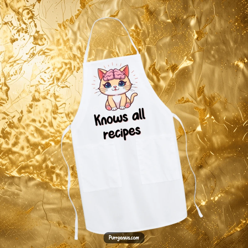 Funny Cat Apron depicting a cat with a brightly glowing brain, symbolizing funny culinary genius and smart cooking.