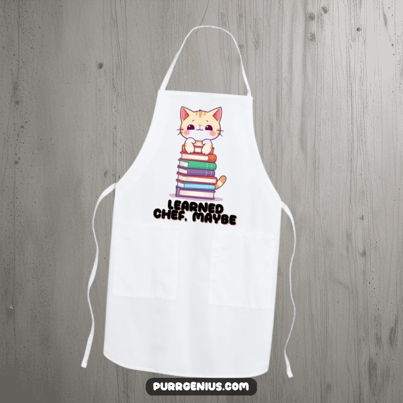Funny apron showing a cat with impressive focus balancing a stack of books on its head while preparing food, a culinary artist.