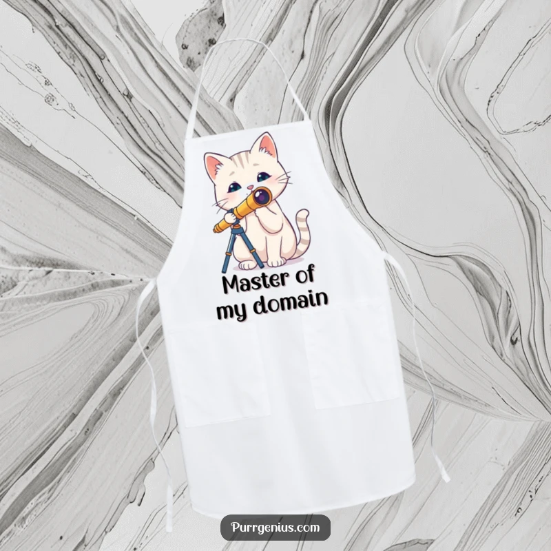 Funny apron featuring a cat with a tiny telescope, ready for kitchen missions, protecting chefs with cosmic humor.