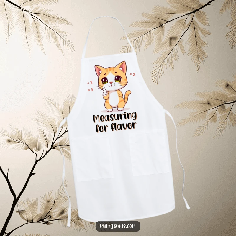 Funny apron showing a cute cat character dramatically pointing at a complex equation, ideal for chefs and home cooks who love math.