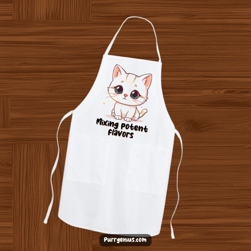 Funny apron showing a cute cat character intrigued by a glowing scientific formula, ideal for chefs and home cooks who love science.