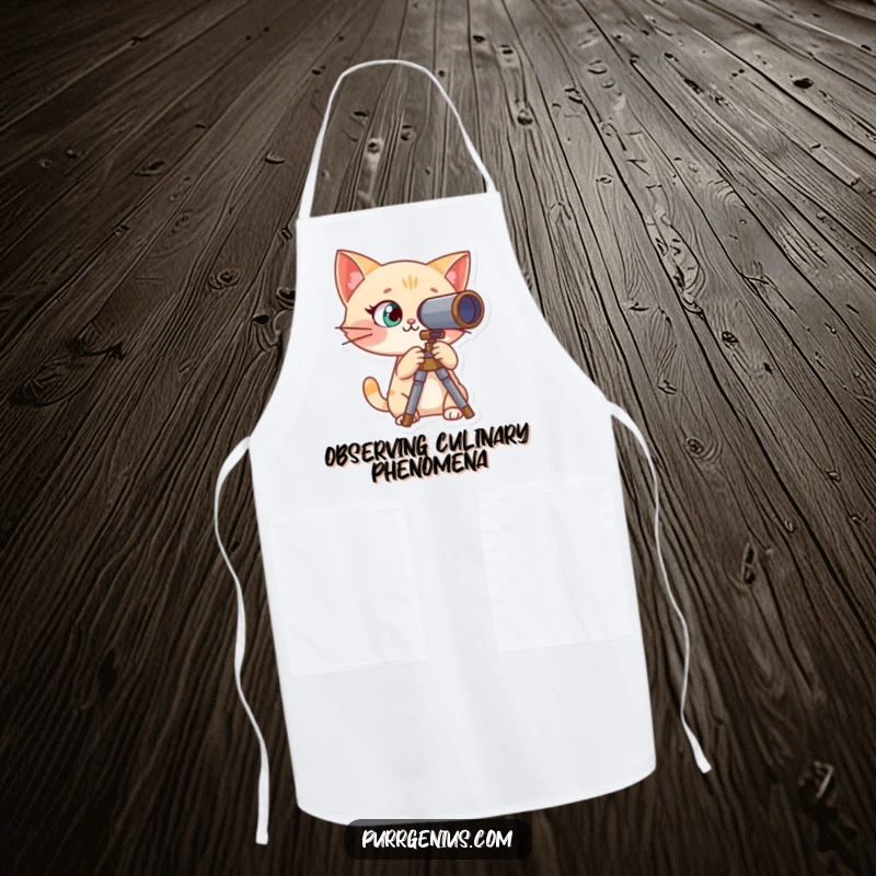 Funny apron showing a curious cat character using a telescope in the kitchen, ready for culinary discovery.