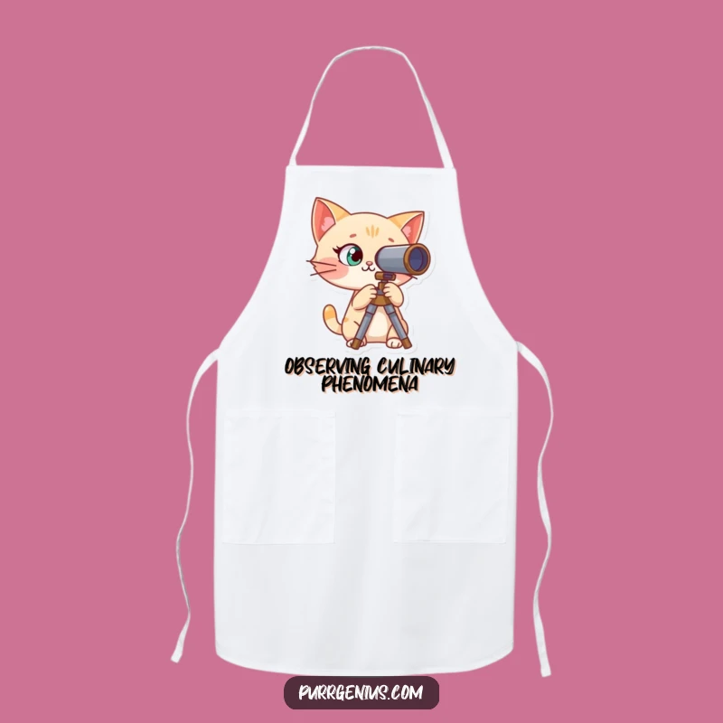 Funny Curious Cat Telescope Apron: Explore the Kitchen Universe