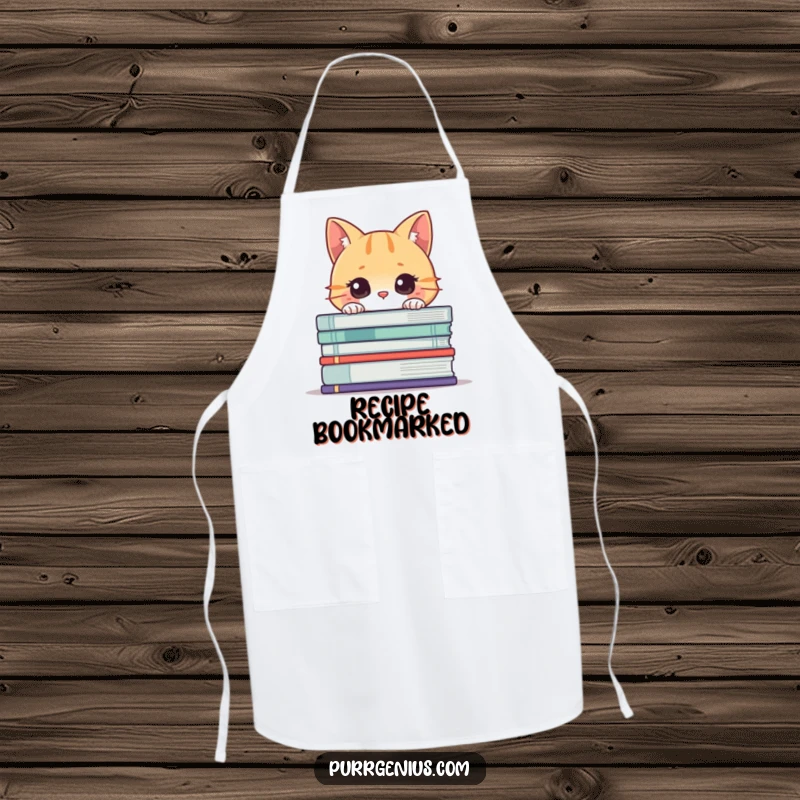 Funny Cat Book Apron: Curious cat peeking from behind a stack of books, adding literacy and humor to kitchen wear.