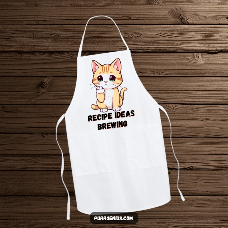 Funny Cat Apron depicting a cat in a thoughtful pose with a raised paw, ready for funny kitchen ponderings.
