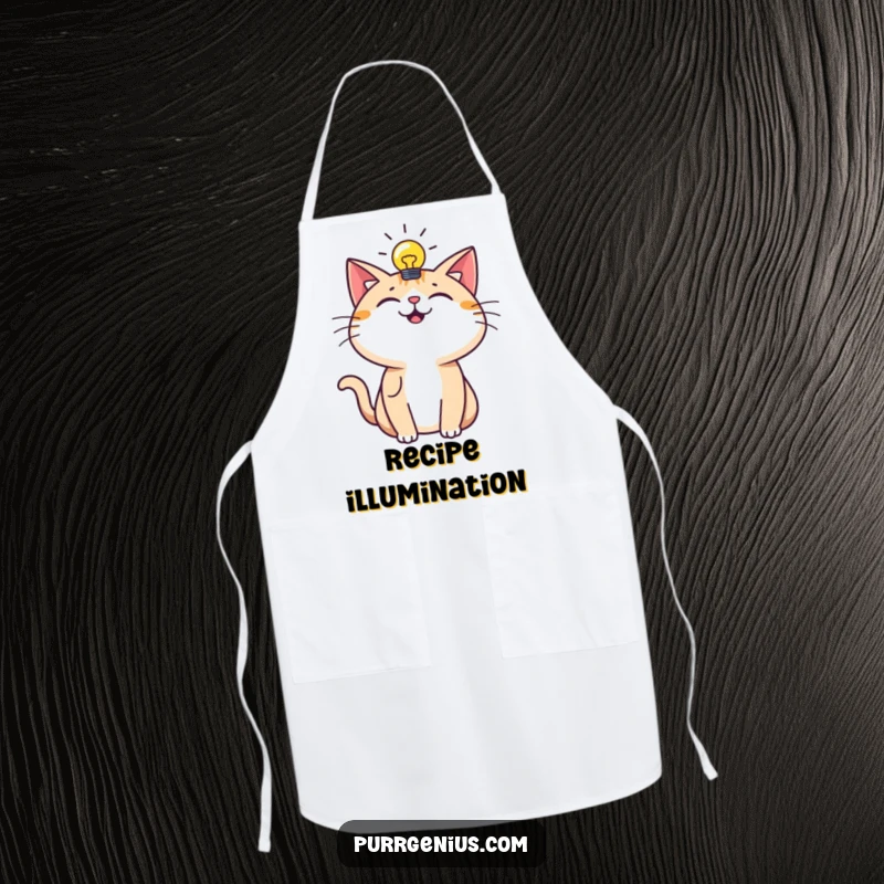 Funny Apron: An inspired cat with a lightbulb prepares food, blending culinary creativity with humorous innovation.