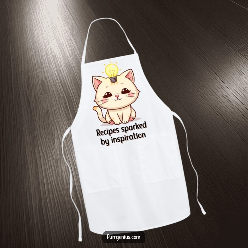 Funny apron showing a cat character with a glowing lightbulb above its head, ready to cook up brilliant dishes.