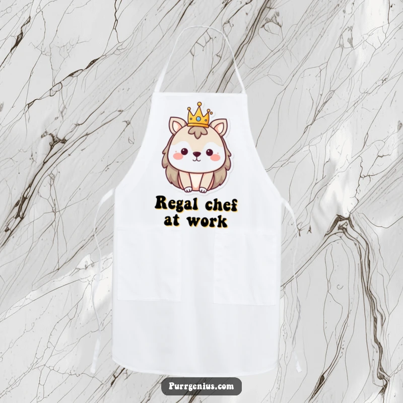 Funny apron graphic of an animal character wearing a tiny crown, ready for royal kitchen duties.