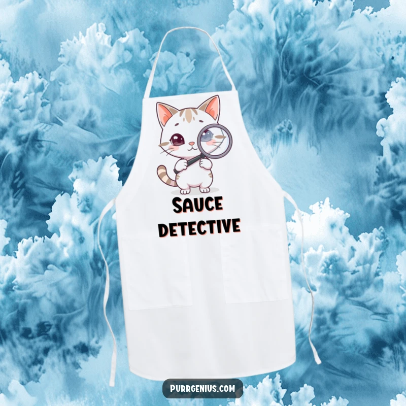 Funny Cat Apron: A kitchen apron depicting a clever cat holding a magnifying glass, investigating ingredients or recipes, perfect for cooking.