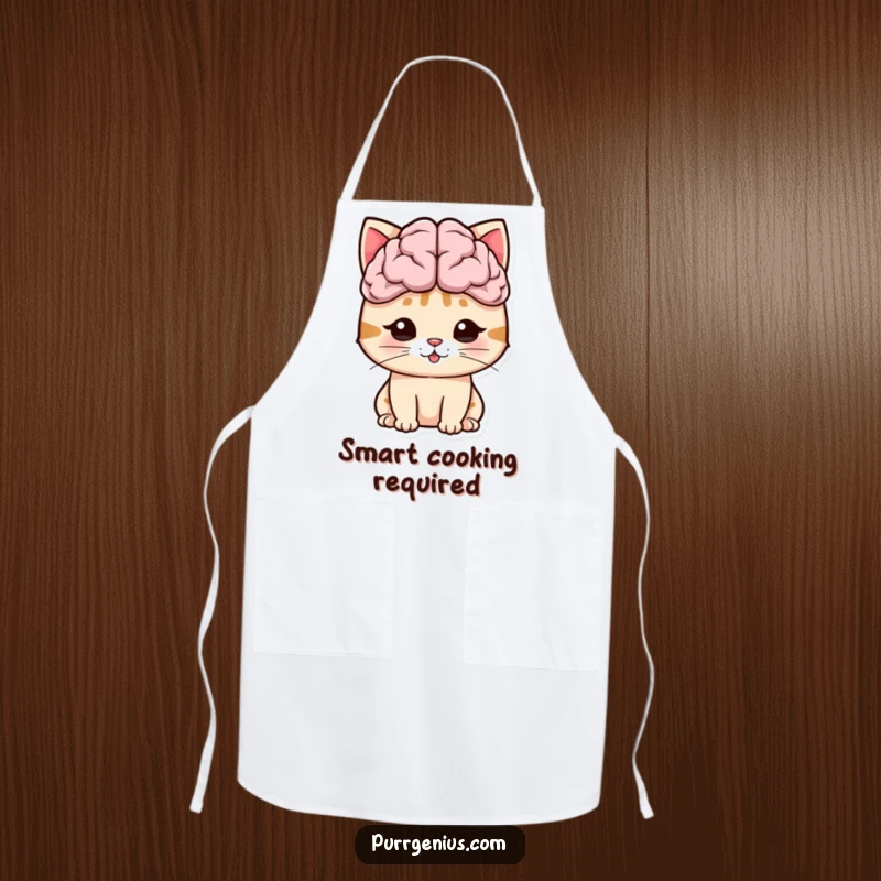 Funny cat with an oversized brain symbol, bringing culinary genius and humor to this kitchen apron.